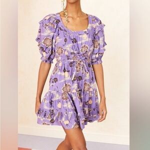 Ulla Johnson Sz 0 Naomi Mini Dress Zinnia Purple Floral Puff Sleeve Whimsical